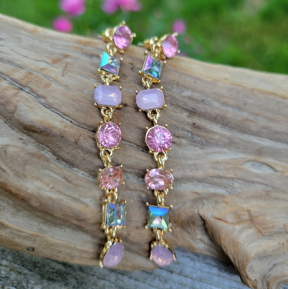 Pink Pastel Sparkle Channel Dangle Earrings, opalescent glam - Picture 3 of 5